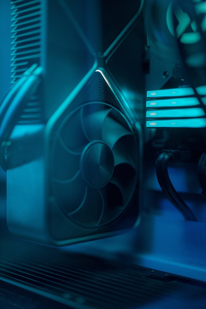 Detailed view of a modern PC cooling fan inside a computer case with blue lighting.